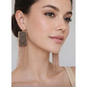 Kay Lee Natural Tone Beaded Fringe Earrings New